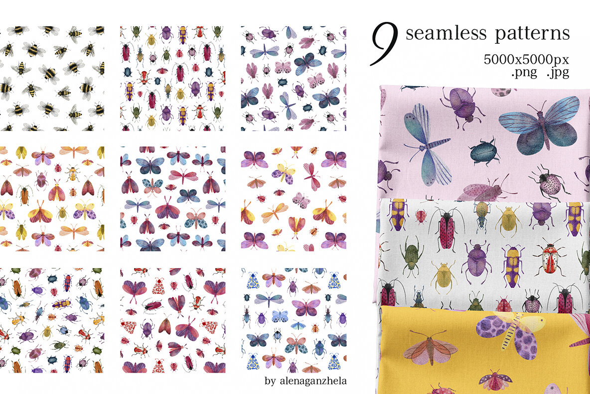 Insectopia Watercolor illustrations   Patterns 4