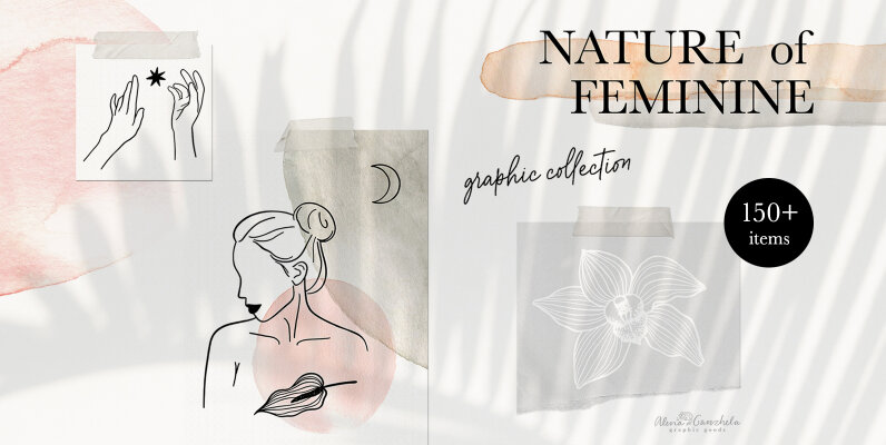 Nature of Feminine Female celestial florals line art