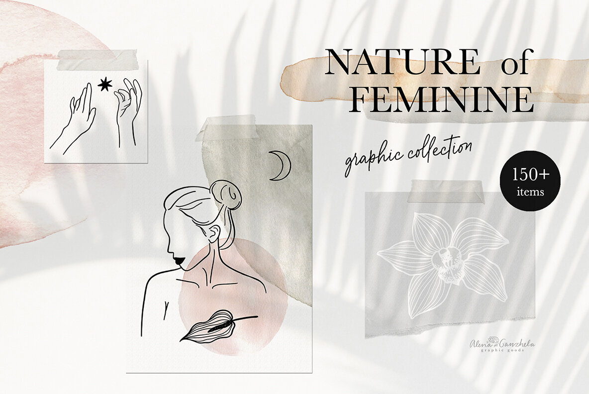 Nature of Feminine Female celestial florals line art 1