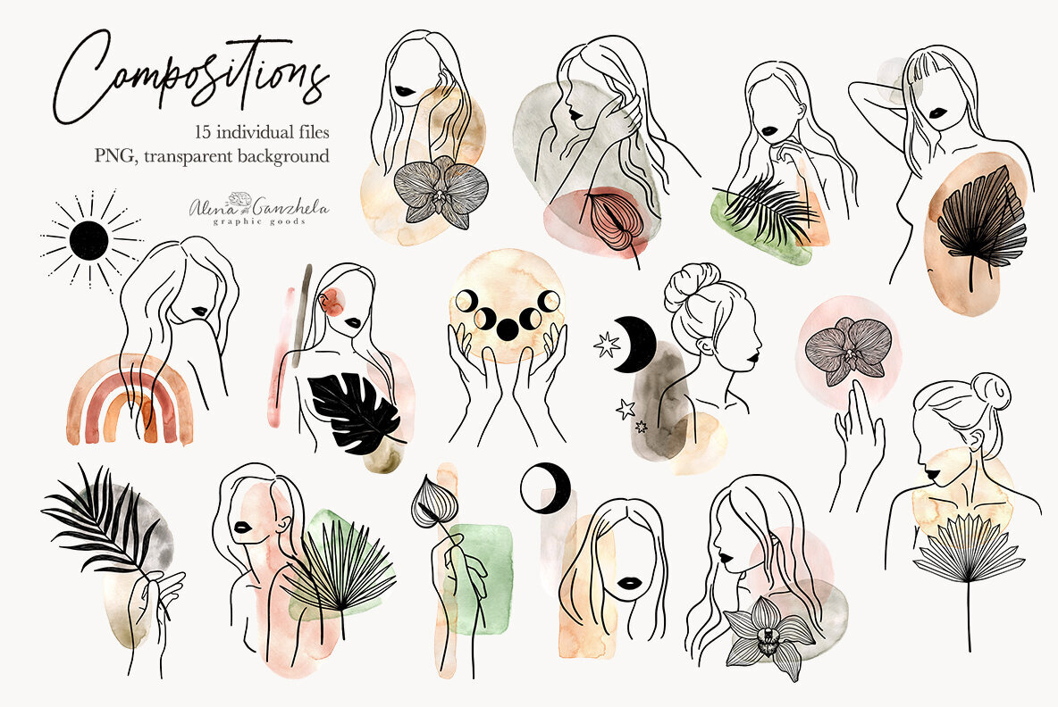 Nature of Feminine Female celestial florals line art 3