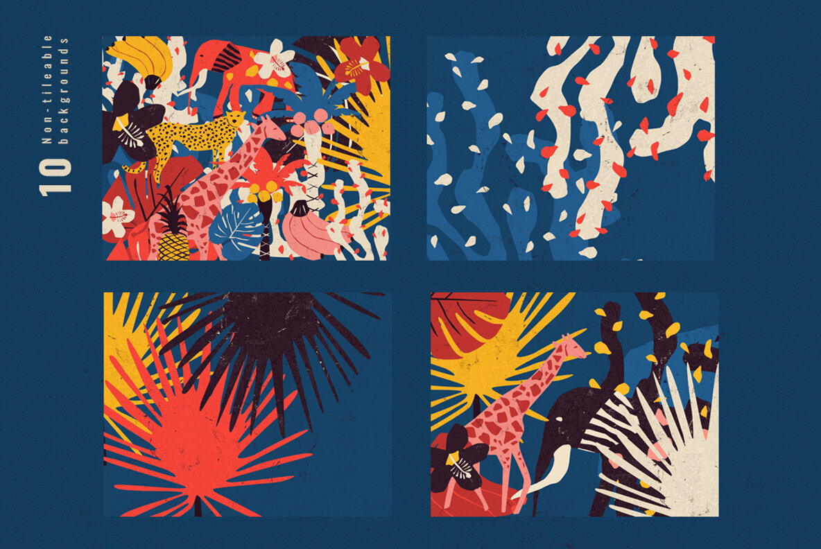 Tropical Animals and Plants Backgrounds in Risograph Style 6