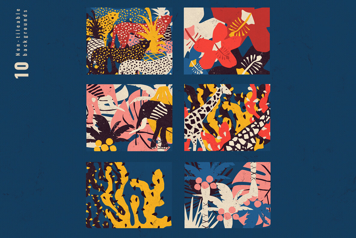 Tropical Animals and Plants Backgrounds in Risograph Style 7