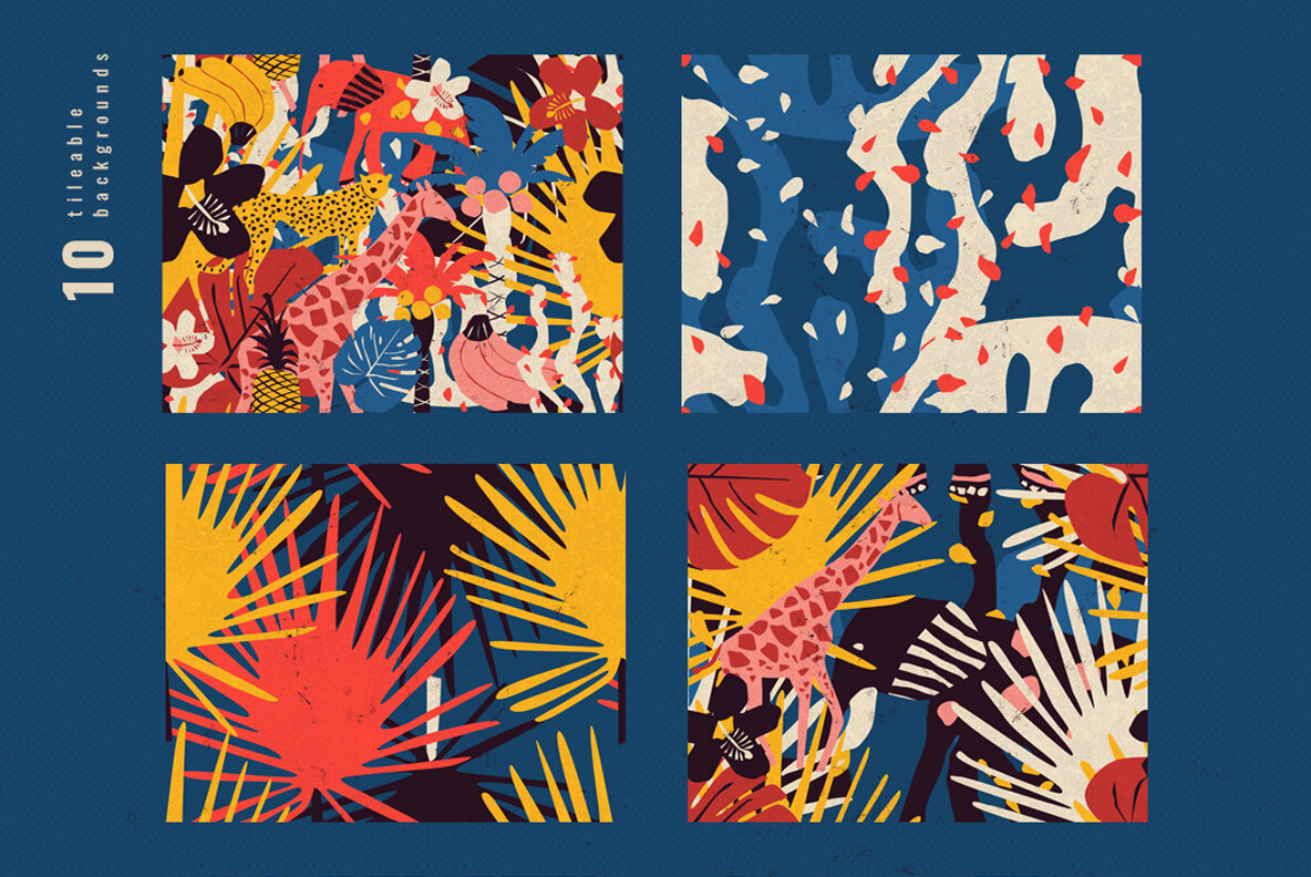Tropical Animals and Plants Backgrounds in Risograph Style 8