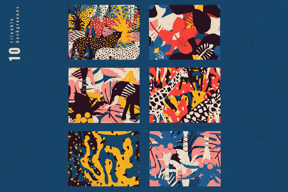 Tropical Animals and Plants Backgrounds in Risograph Style 9