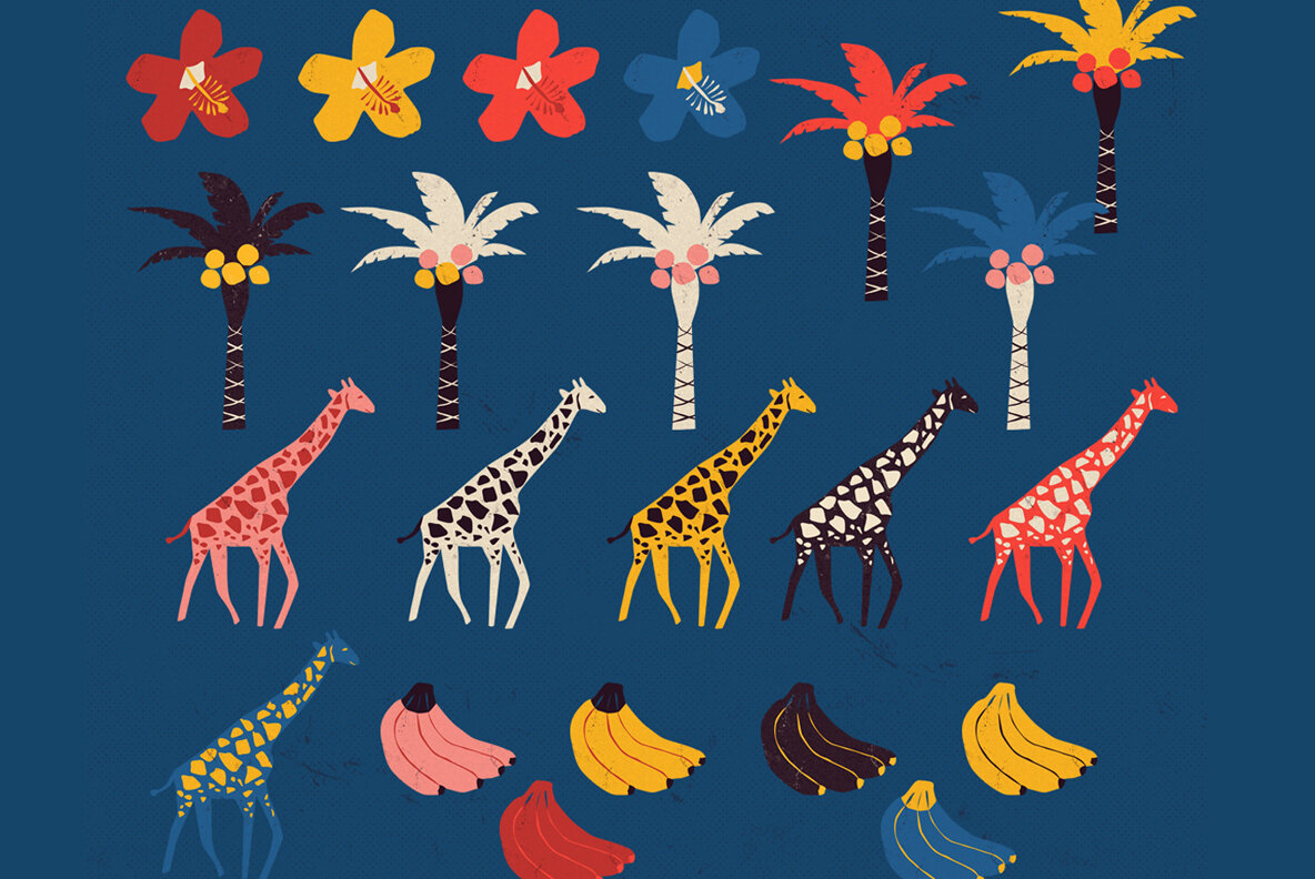 Tropical Animals and Plants Backgrounds in Risograph Style 11