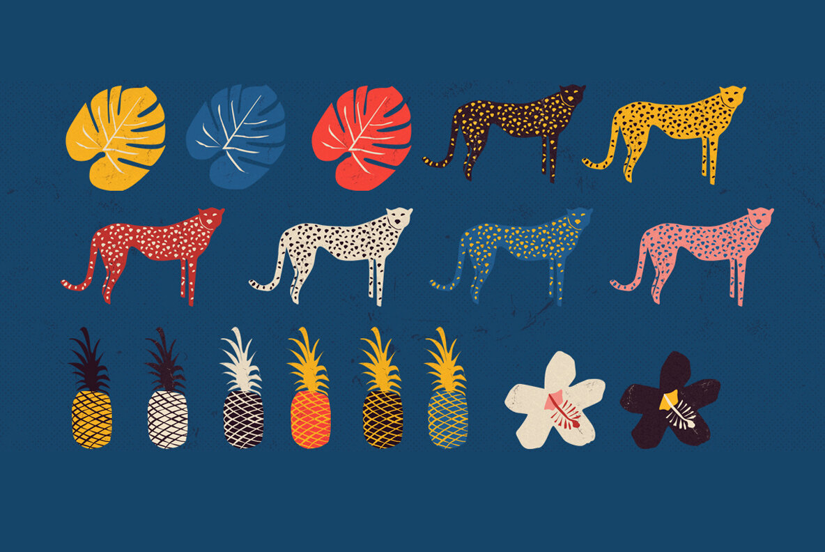 Tropical Animals and Plants Backgrounds in Risograph Style 12