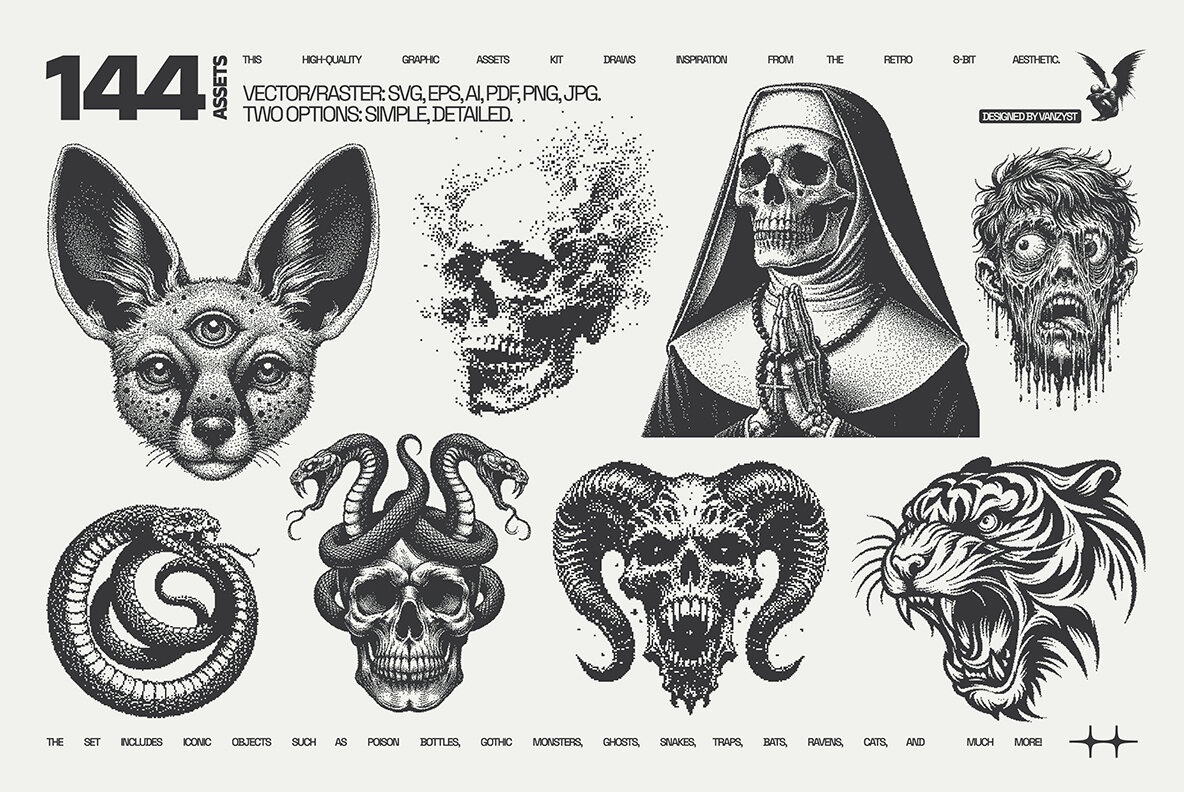 144 Dark Pixel Graphic Pack 5