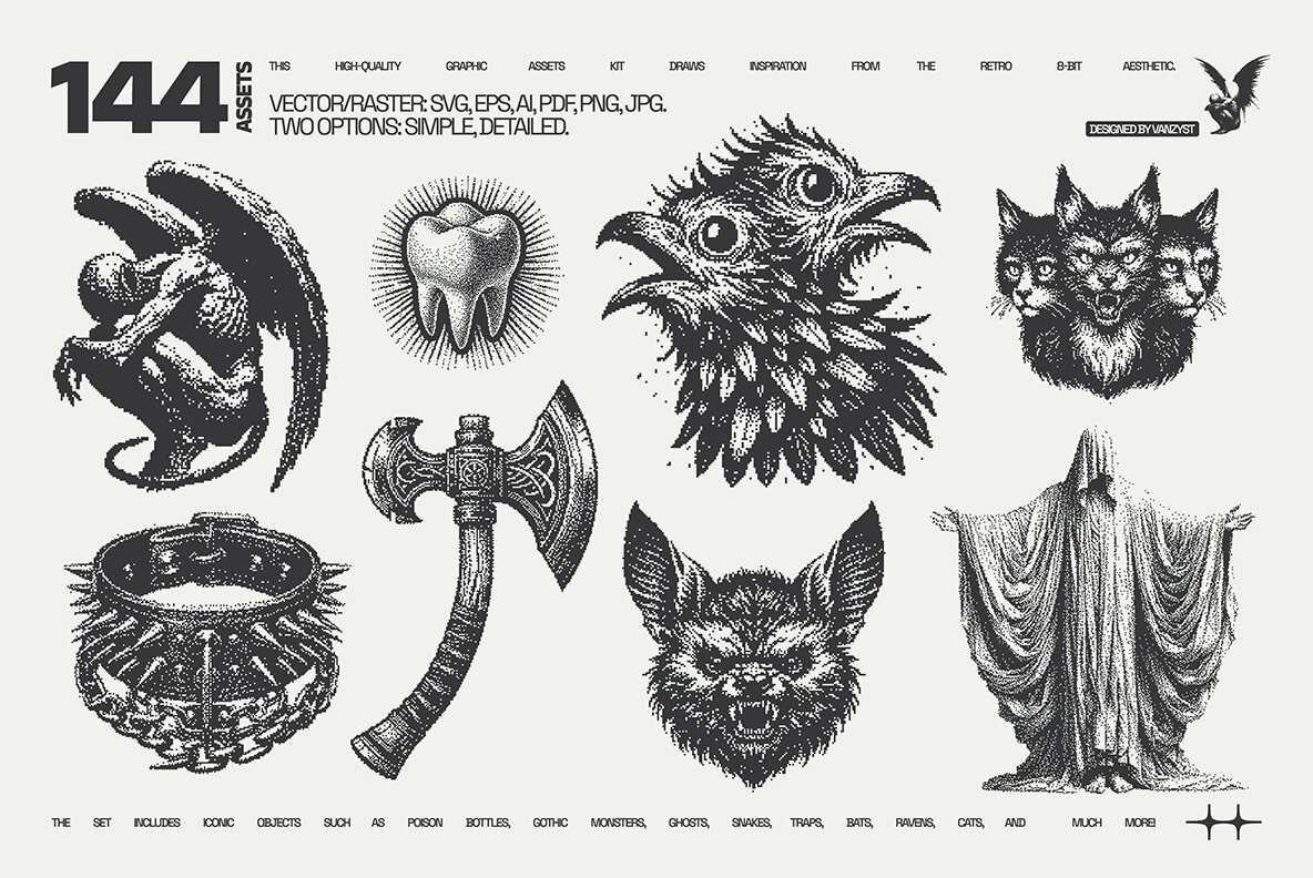 144 Dark Pixel Graphic Pack 6