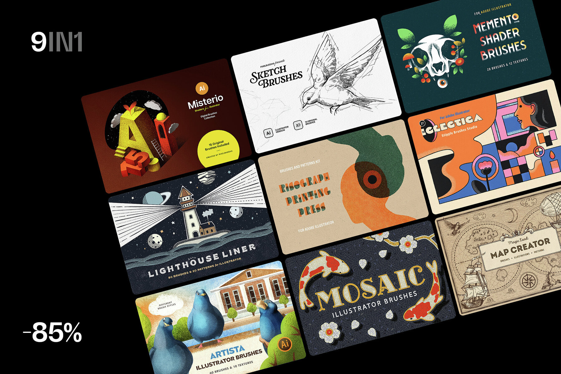 9 in 1 Illustrator Brushes Bundle 2