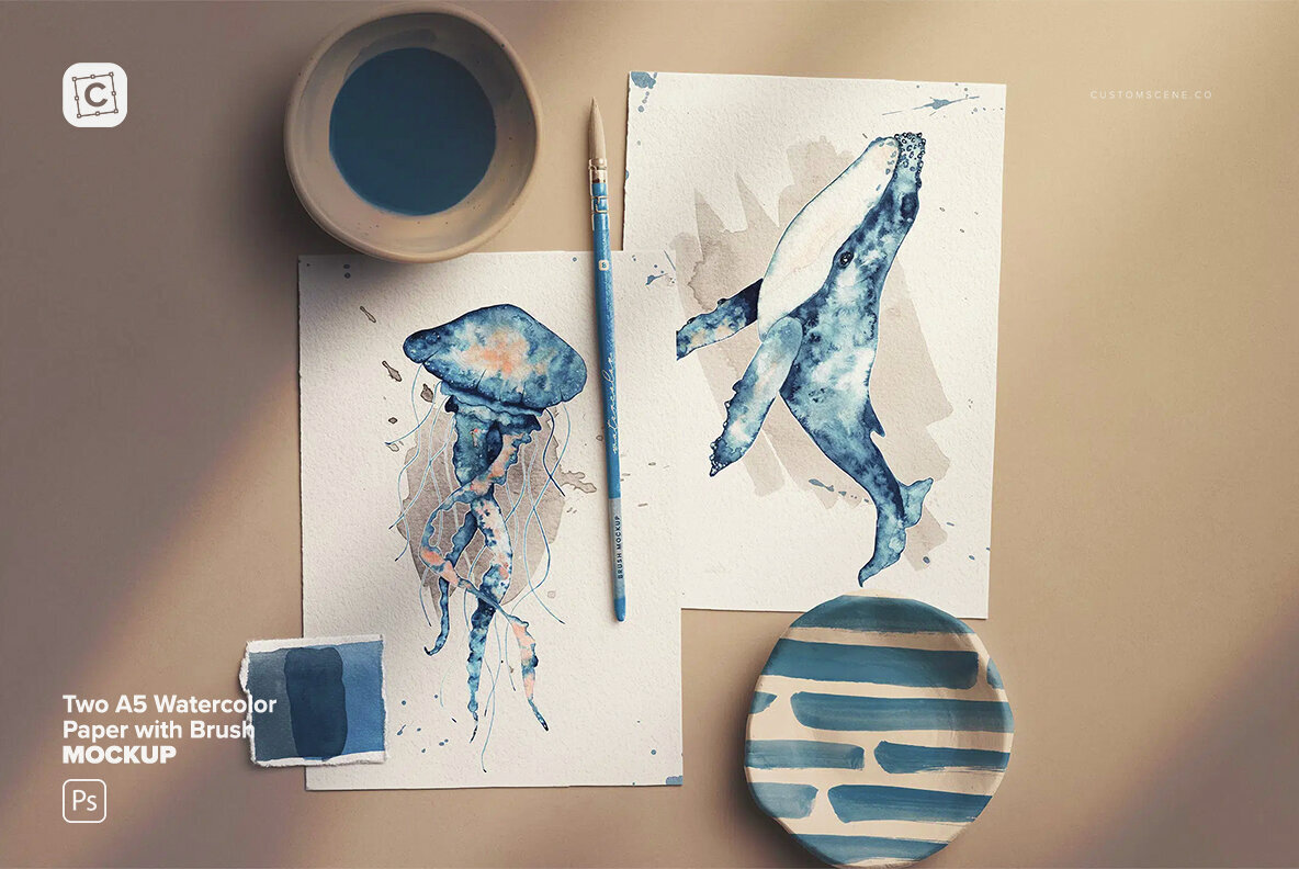 Two A5 Watercolor Paper Mockup with Brush 1