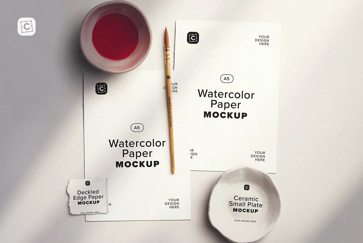 Two A5 Watercolor Paper Mockup with Brush 2