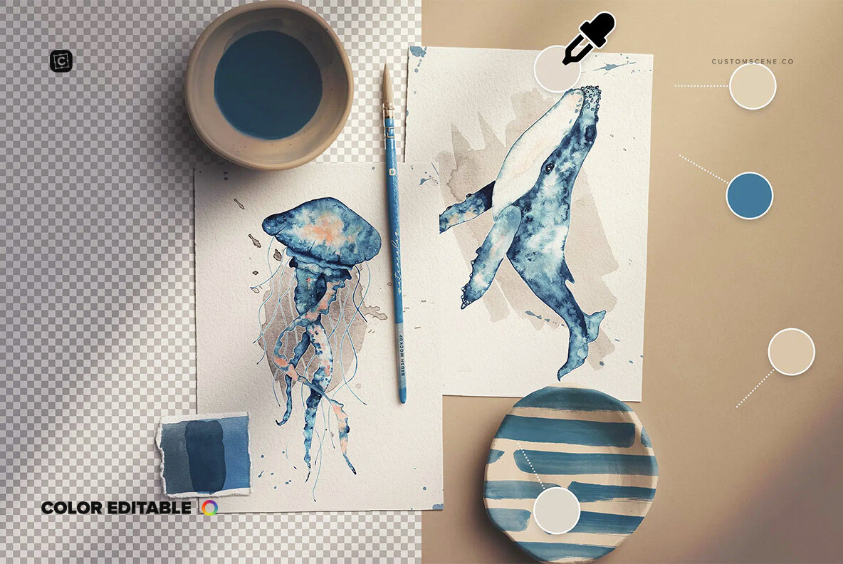 Two A5 Watercolor Paper Mockup with Brush 5