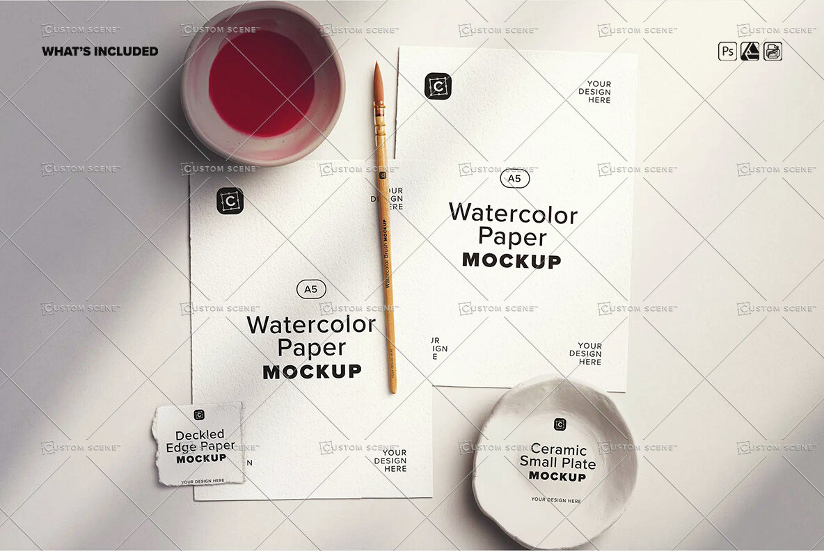 Two A5 Watercolor Paper Mockup with Brush 10