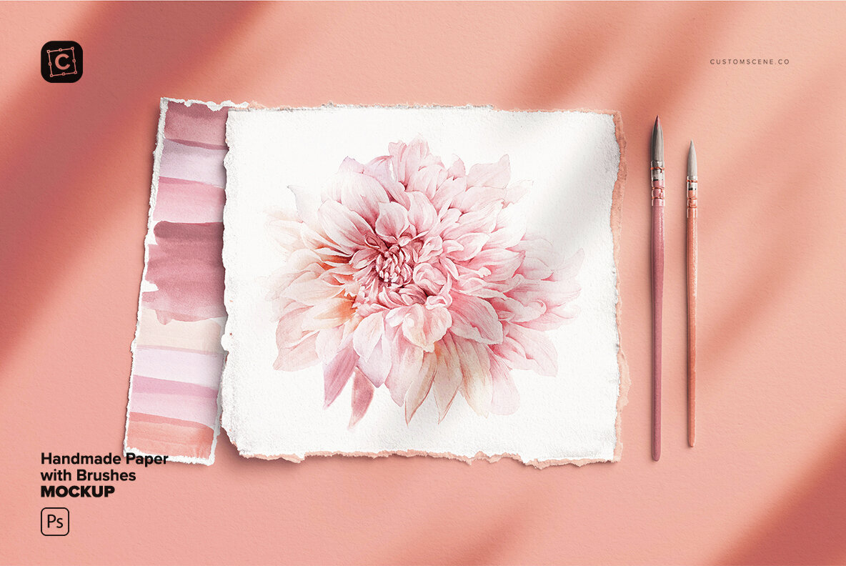 Handmade Paper Mockup with Brushes 1