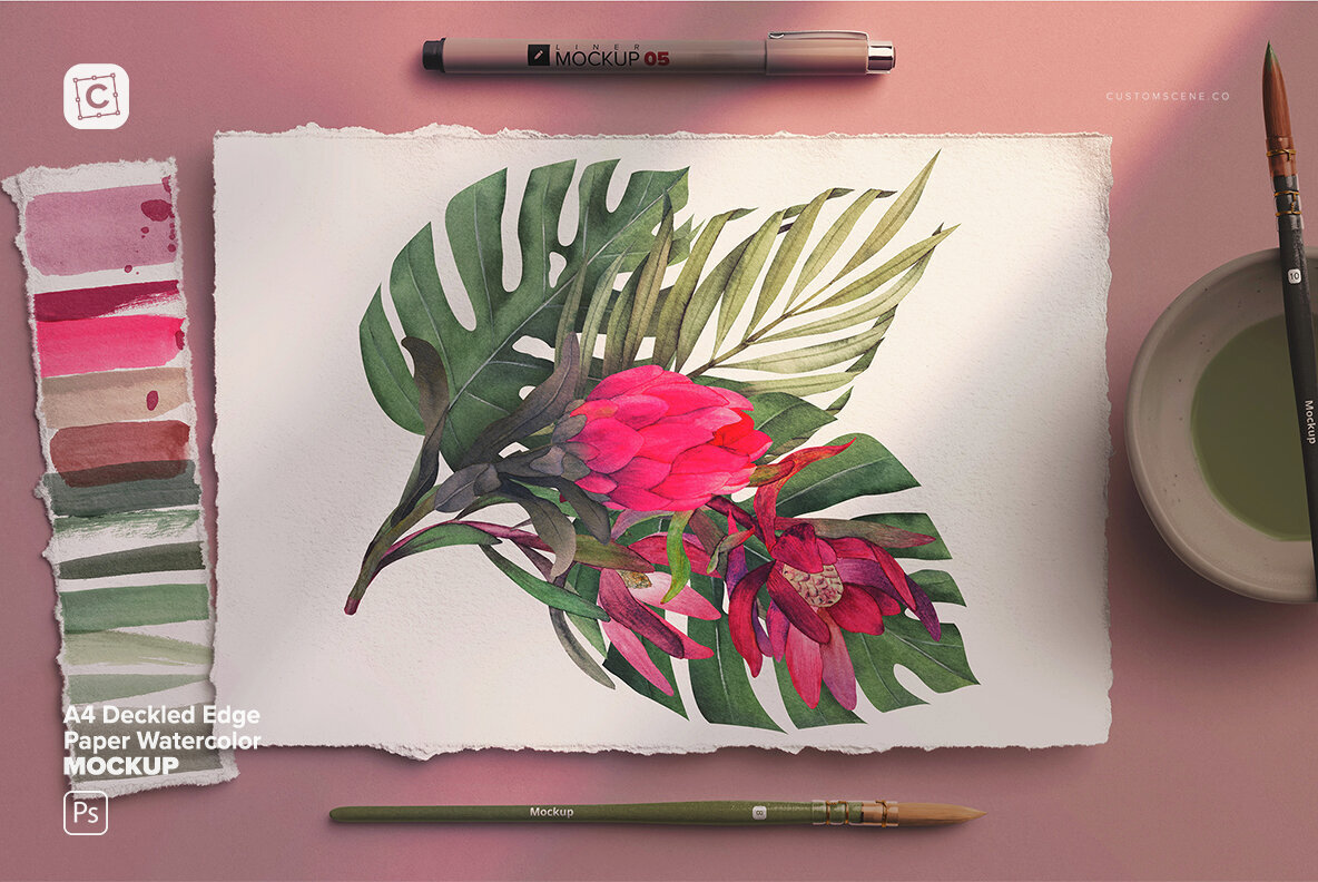 A4 Deckled Edge Paper Watercolor Mockup Scene 1