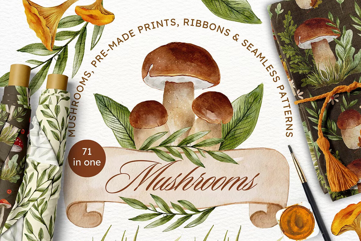 Mushroom Watercolor Fall Graphics 1