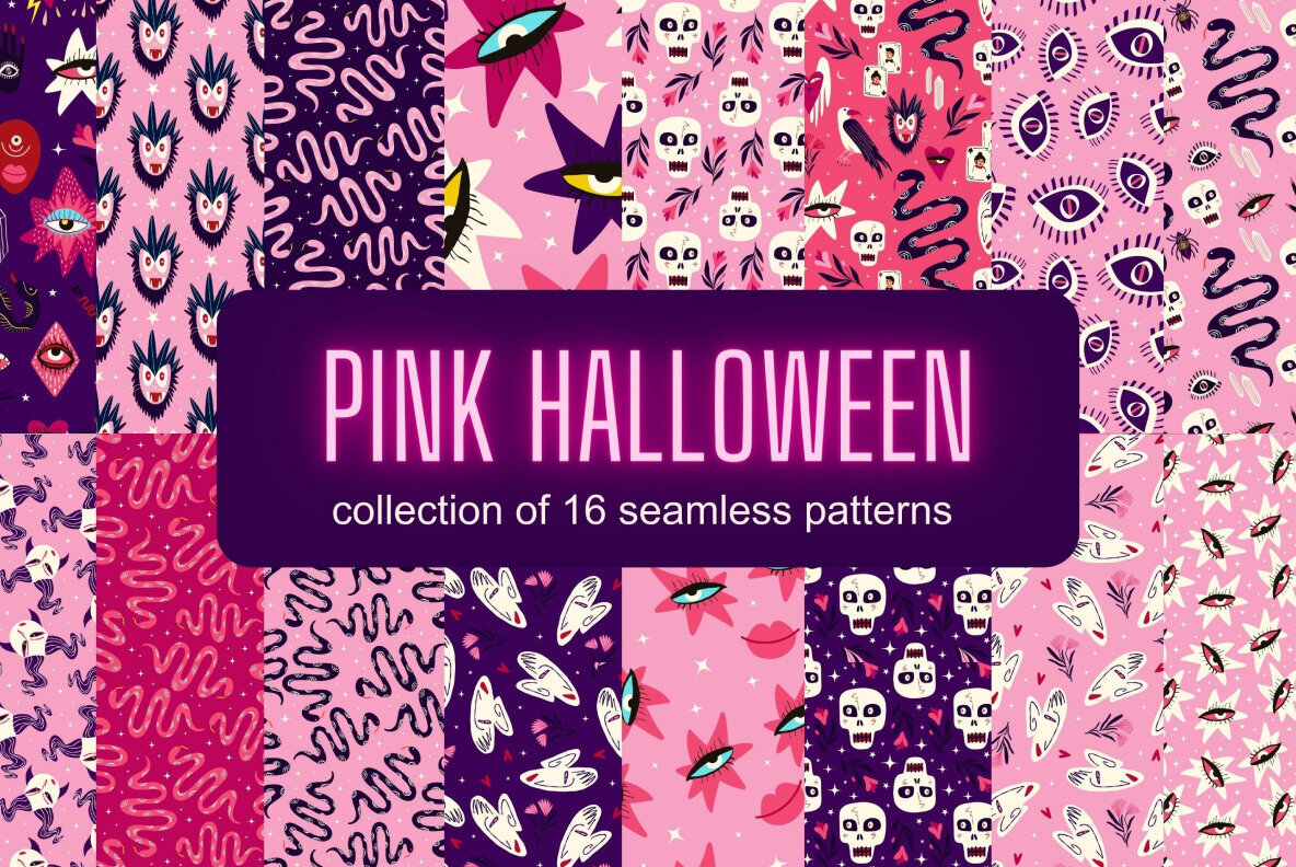 Pink Halloween seamless patterns 1