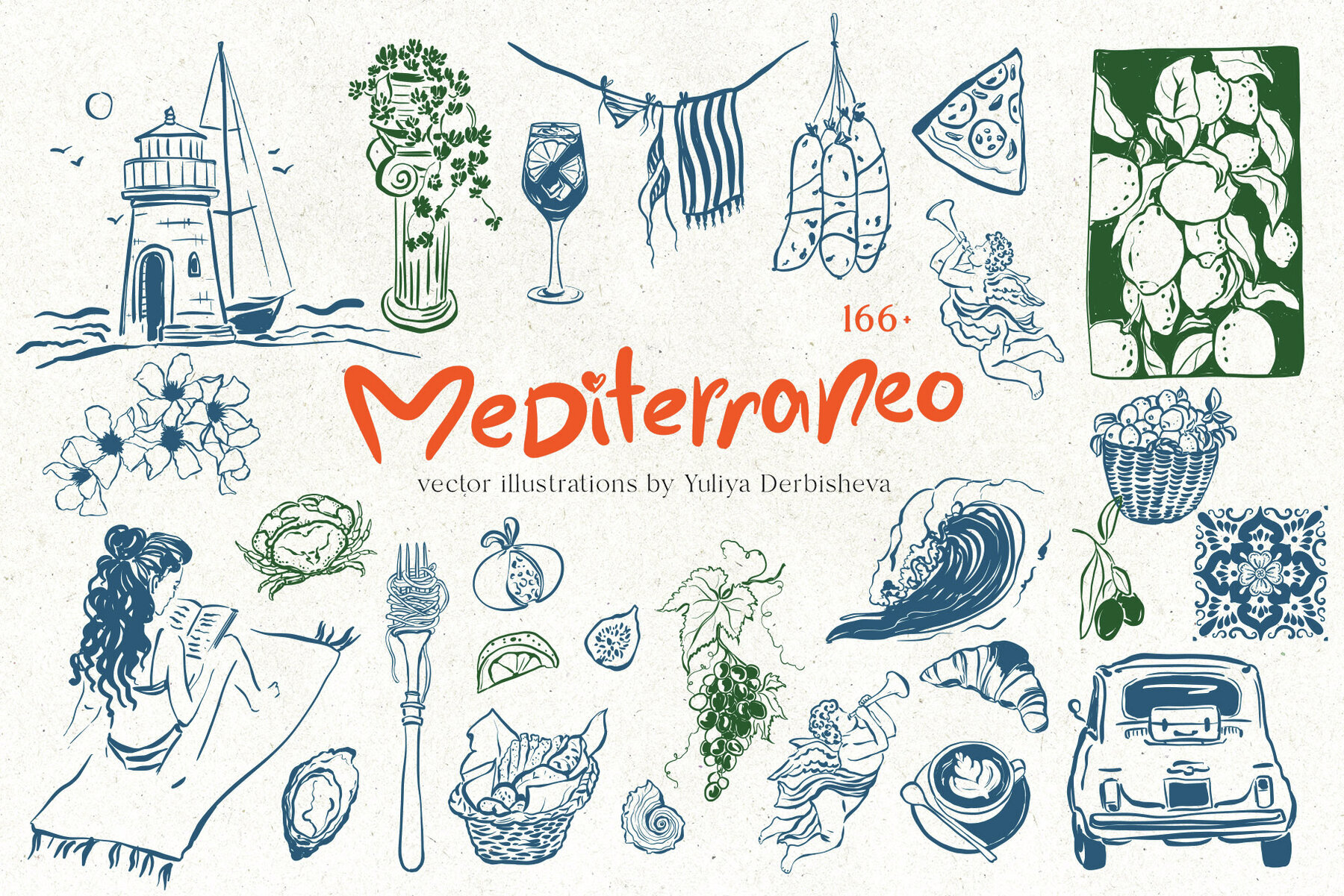 Mediterranean Vector Dolce Vita illustration Vintage Doodles 1
