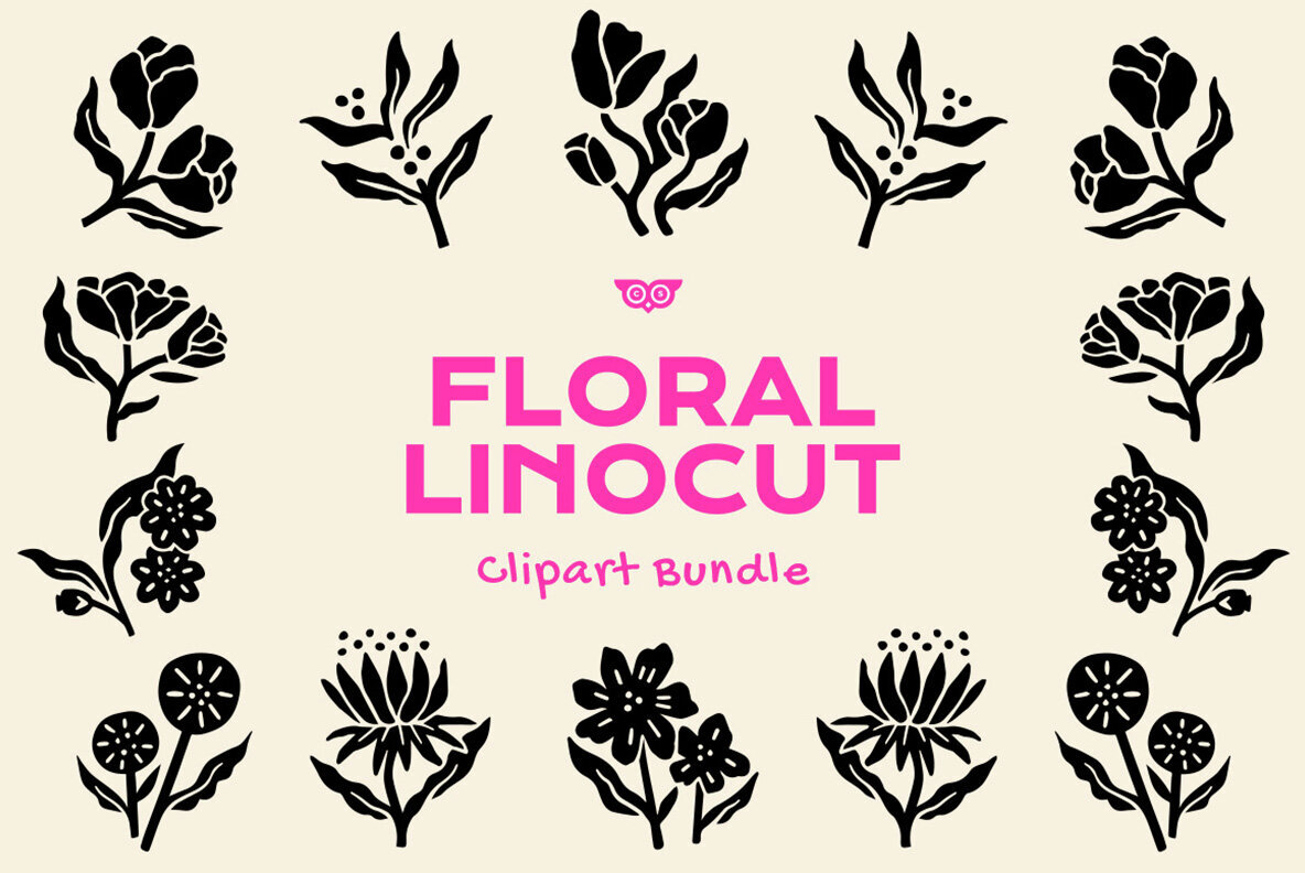 Floral Linocut Clipart Bundle 1