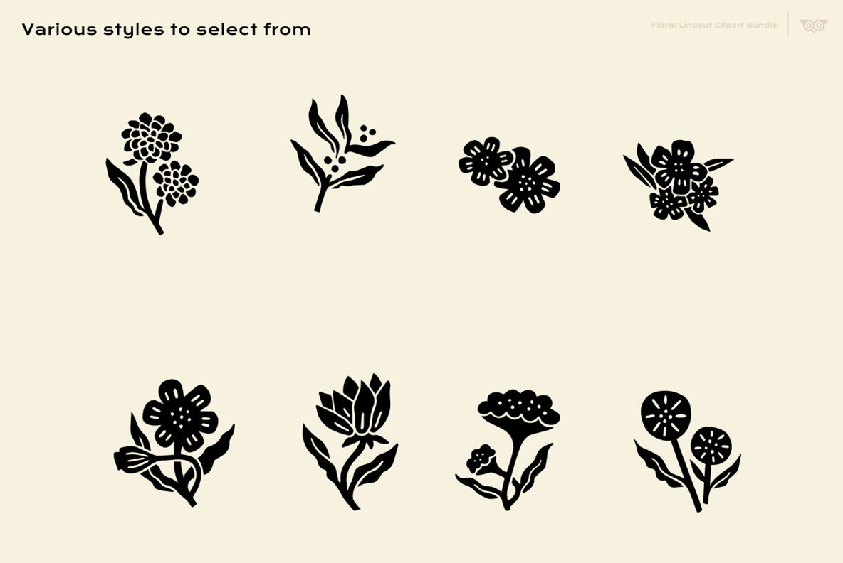 Floral Linocut Clipart Bundle 6