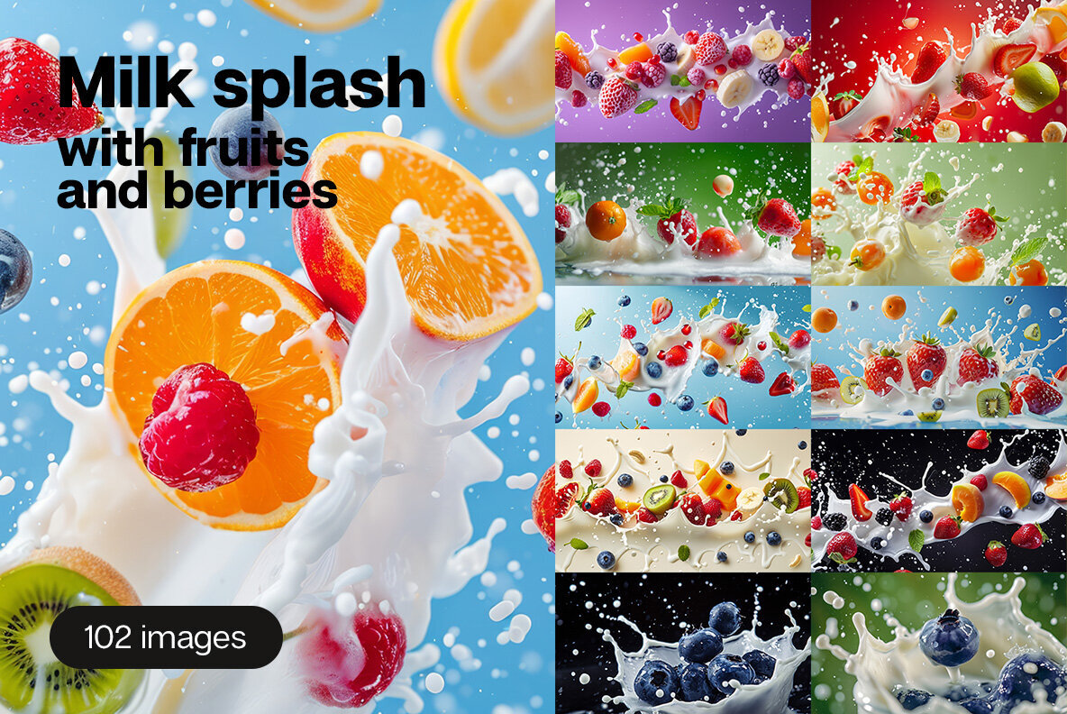 Milk splash with fruits and berries 1