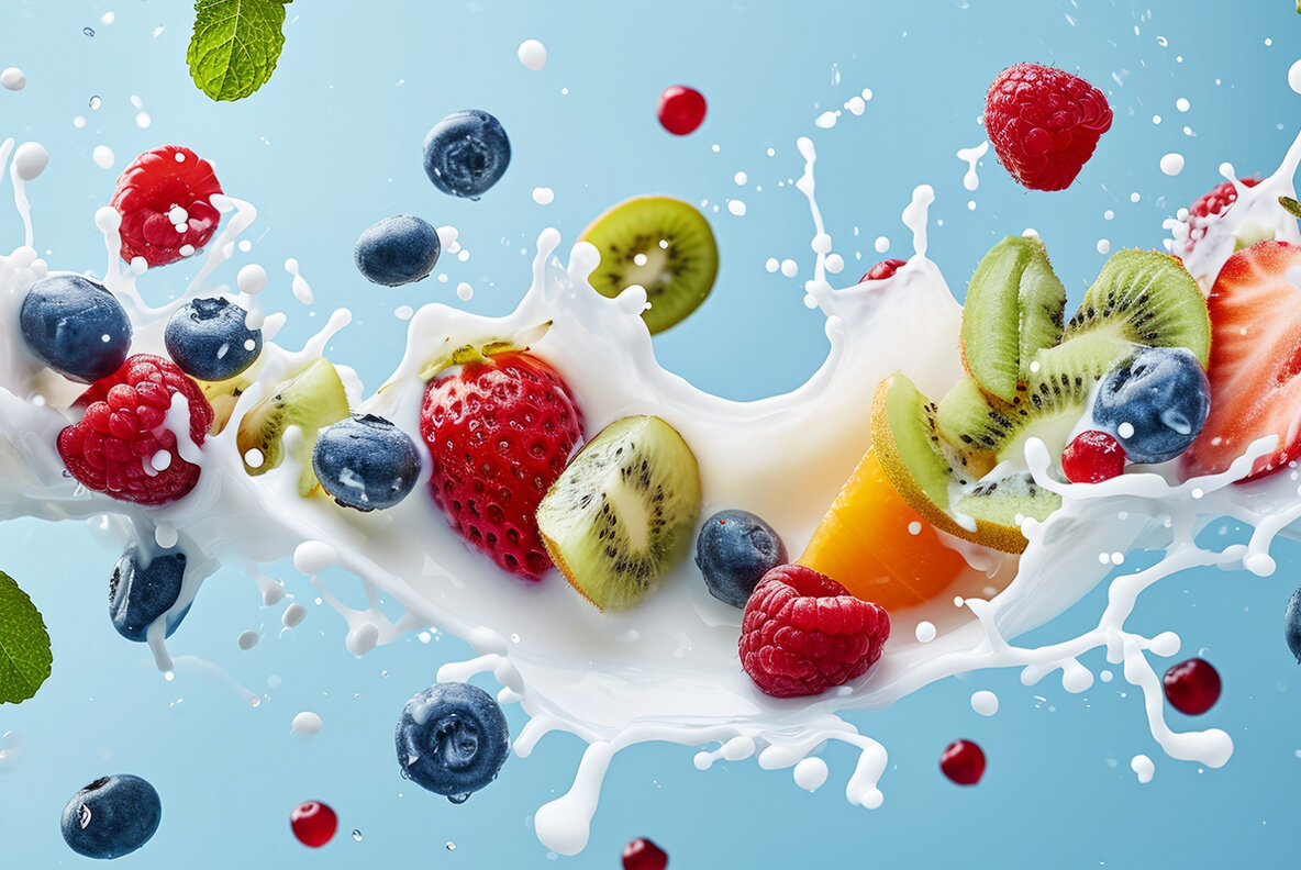 Milk splash with fruits and berries 9
