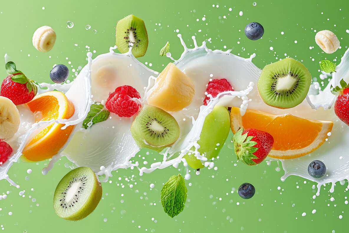 Milk splash with fruits and berries 12