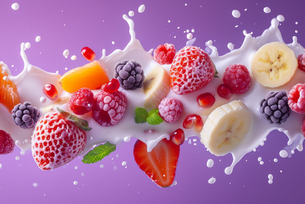 Milk splash with fruits and berries 13