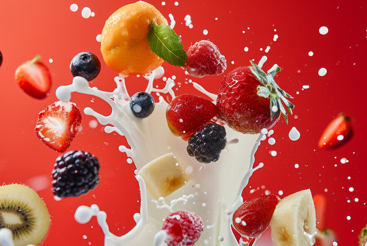 Milk splash with fruits and berries 14