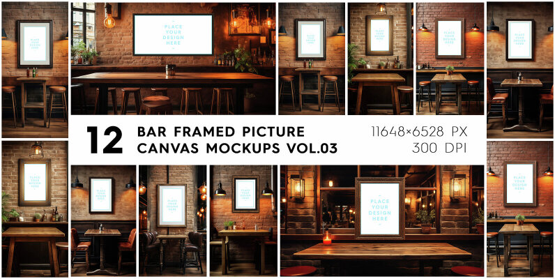 12 Bar Framed Canvas Picture Mockups Vol 03