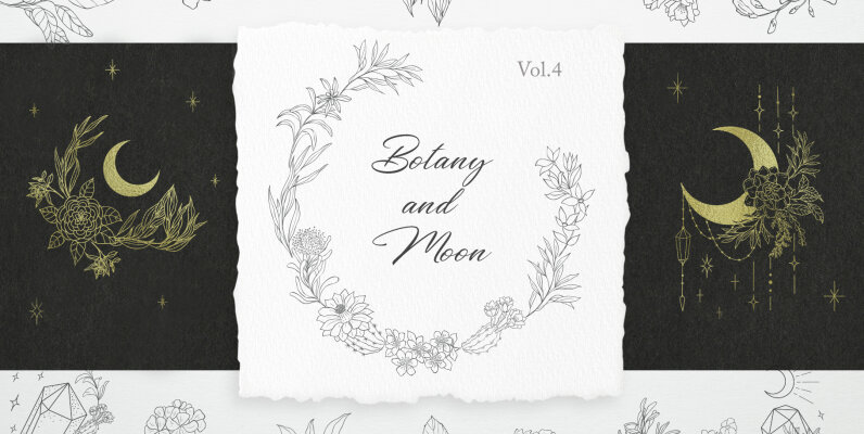 Botany and Moon Hand Drawn Line Art