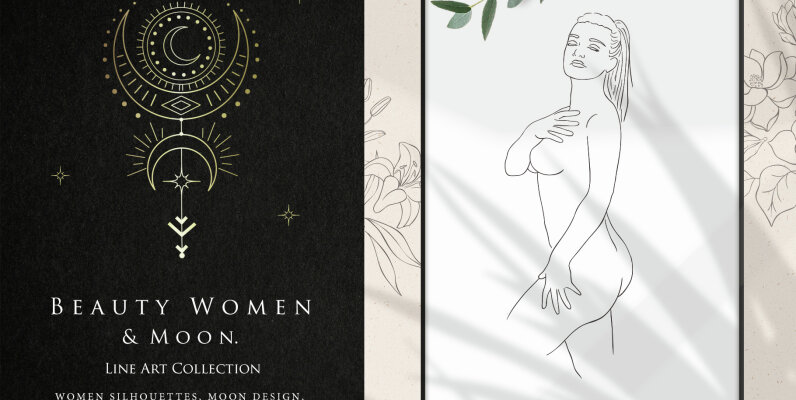 Beauty Women and Moon Trendy Line Art Illustrations