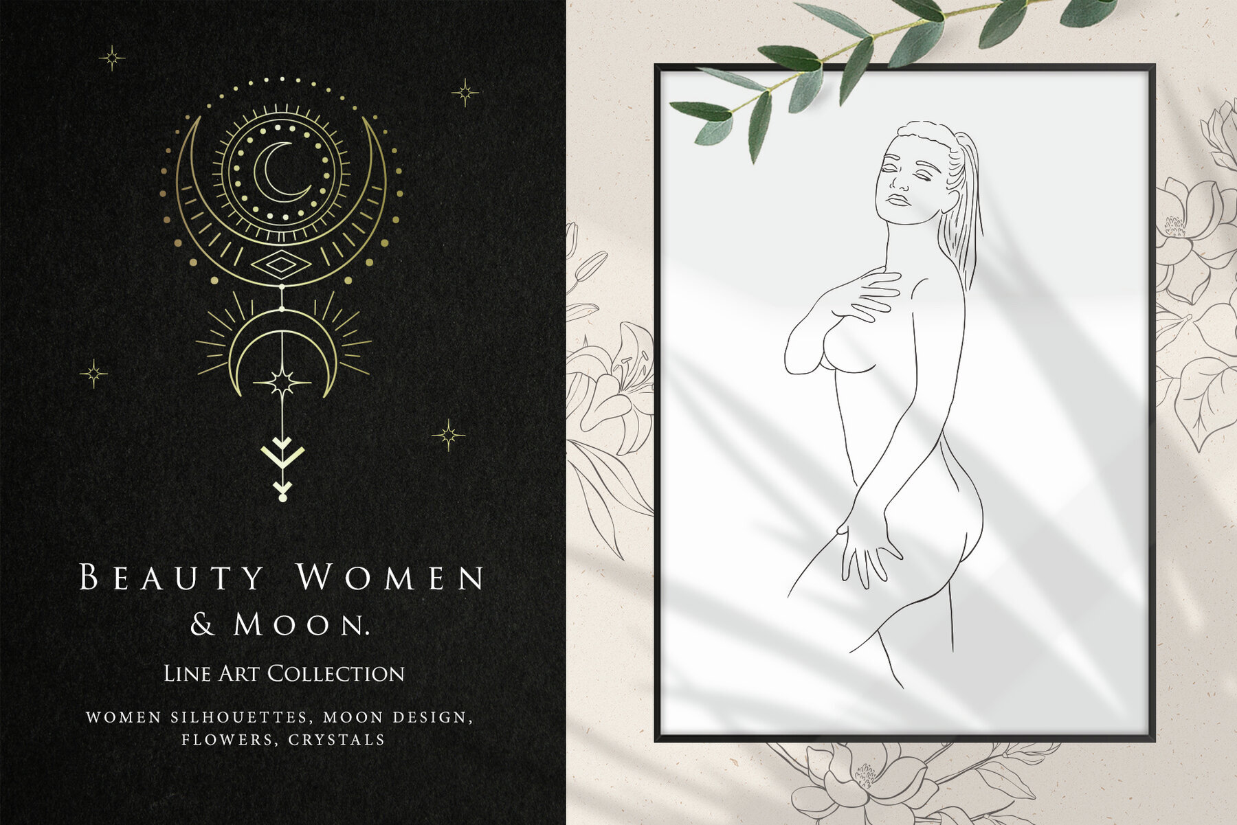 Beauty Women and Moon Trendy Line Art Illustrations 1