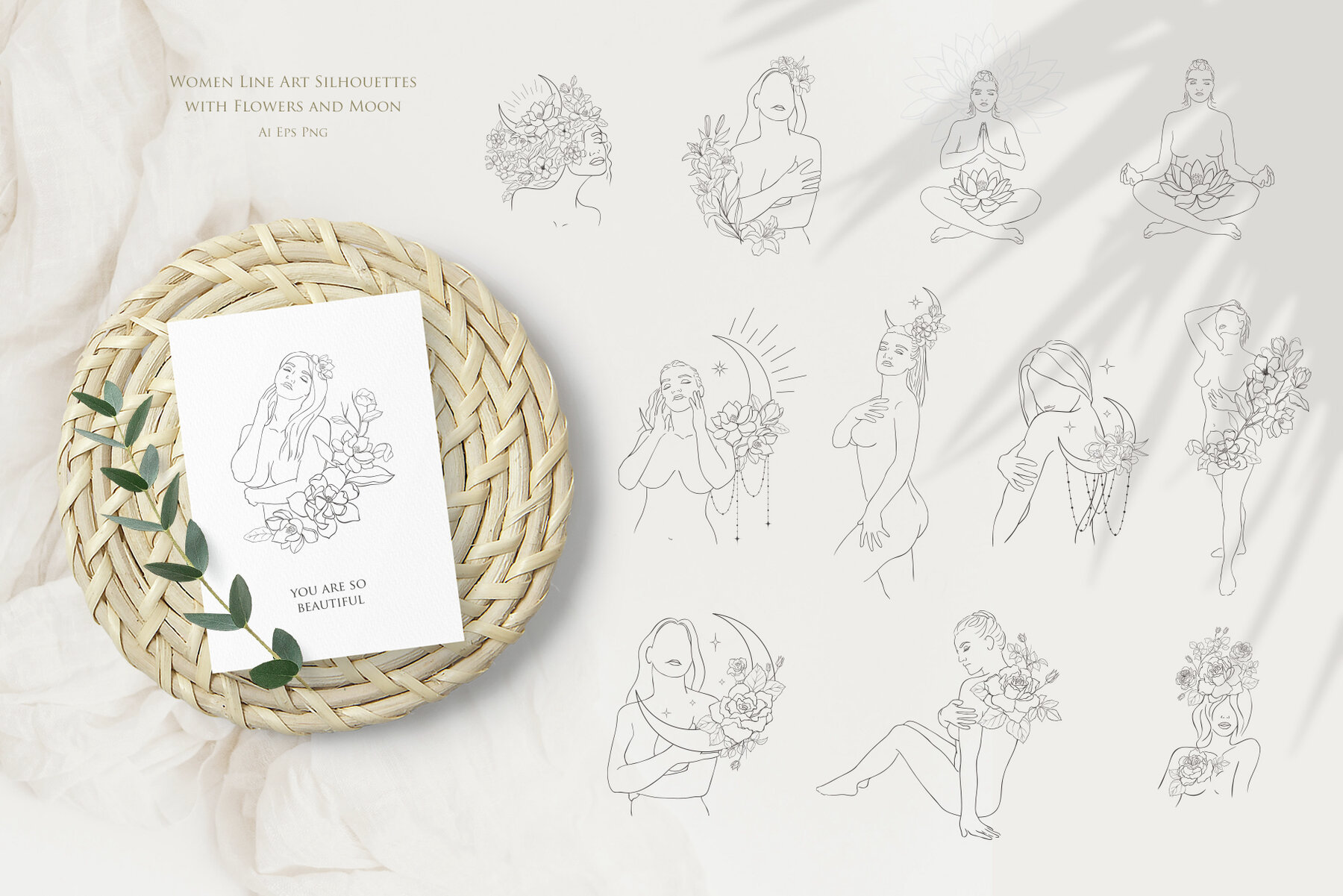 Beauty Women and Moon Trendy Line Art Illustrations 14