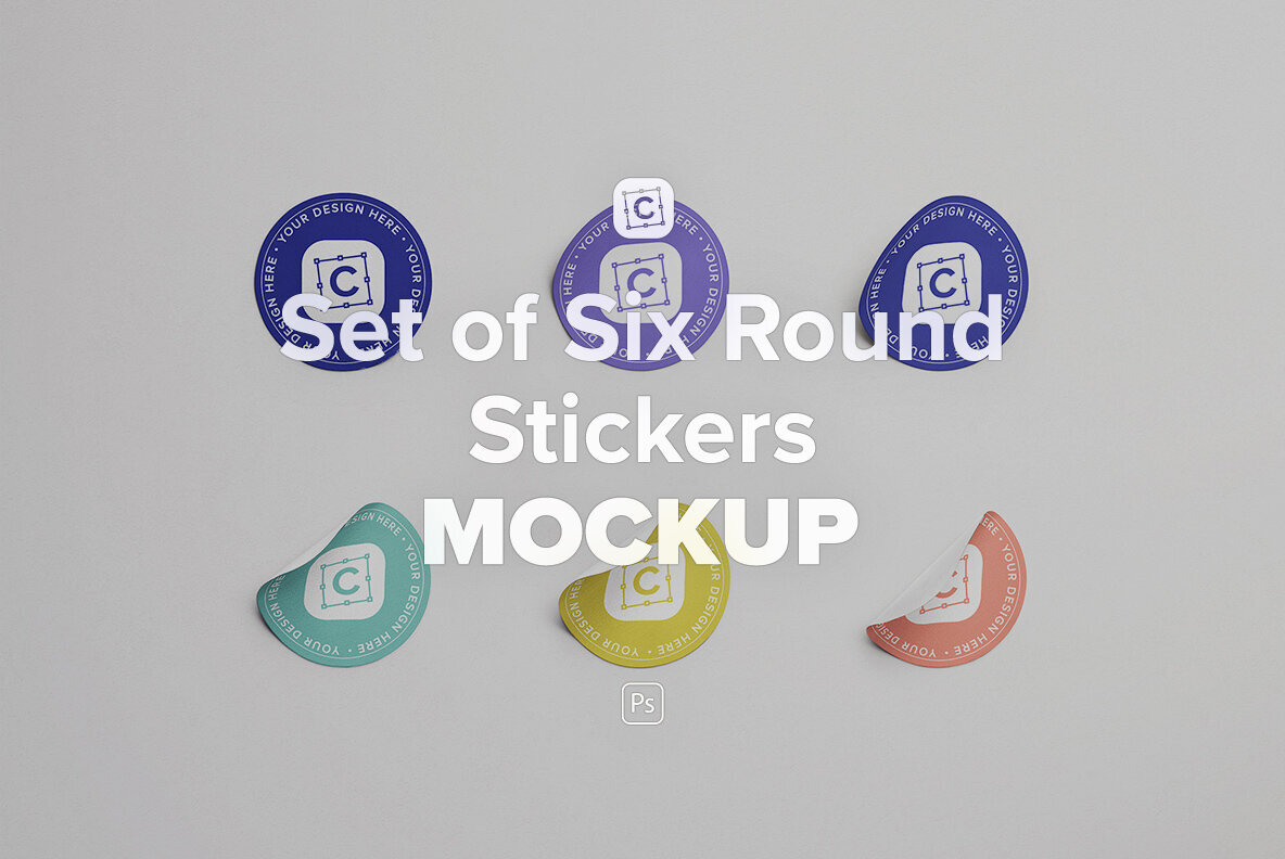 Set of Six Round Stickers Mockup 1