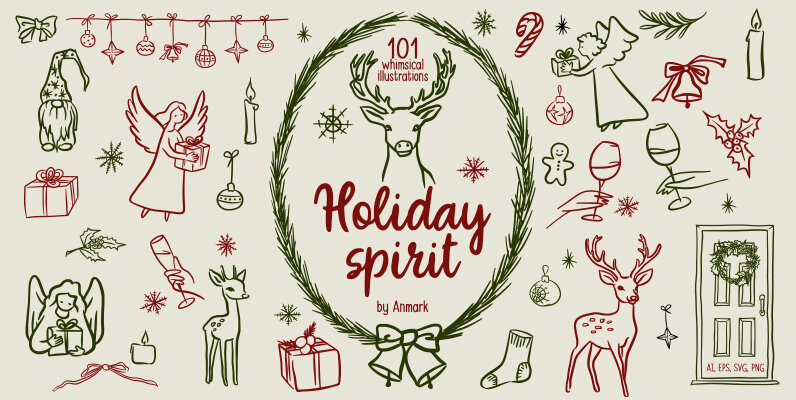 Whimsical Line Art Christmas Hand Drawn SVG Illustrations