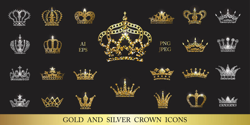 Set of Gold Silver and Black White Crown Icons