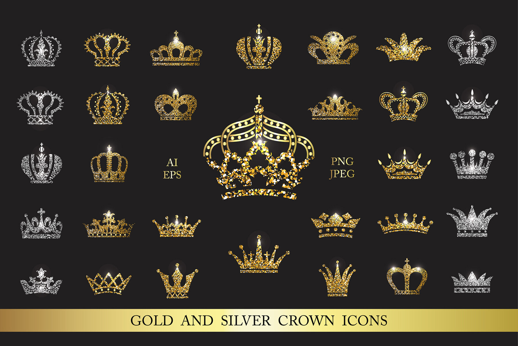 Set of Gold Silver and Black White Crown Icons 1