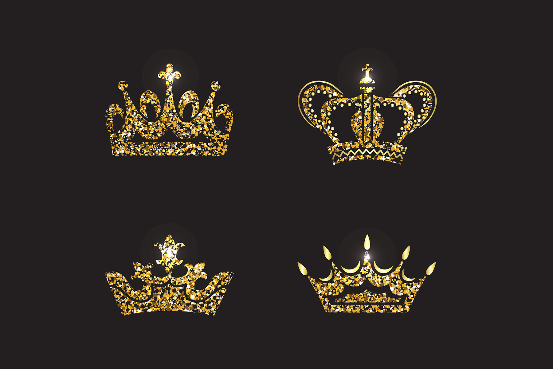 Set of Gold Silver and Black White Crown Icons 3