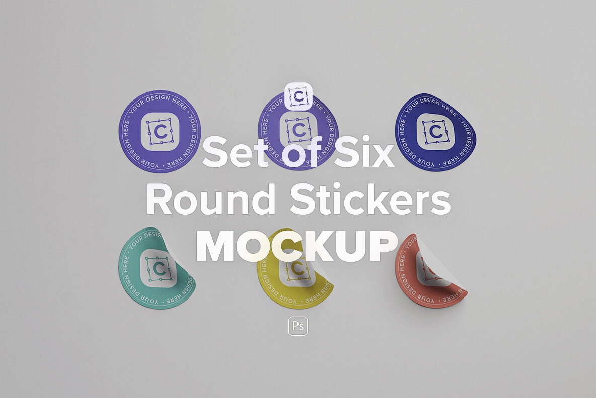 Set of Six Round Stickers Mockup 1