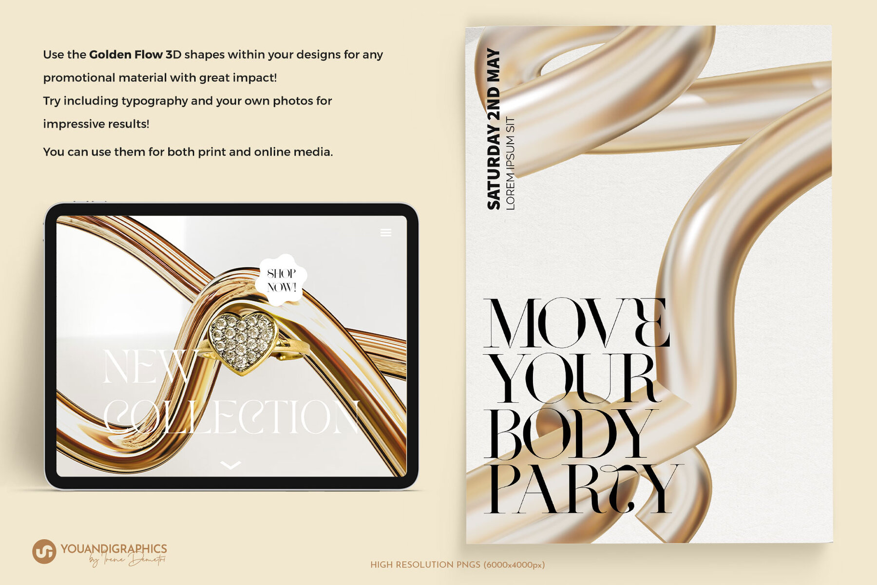 Golden Flow Abstract 3D Elements 4