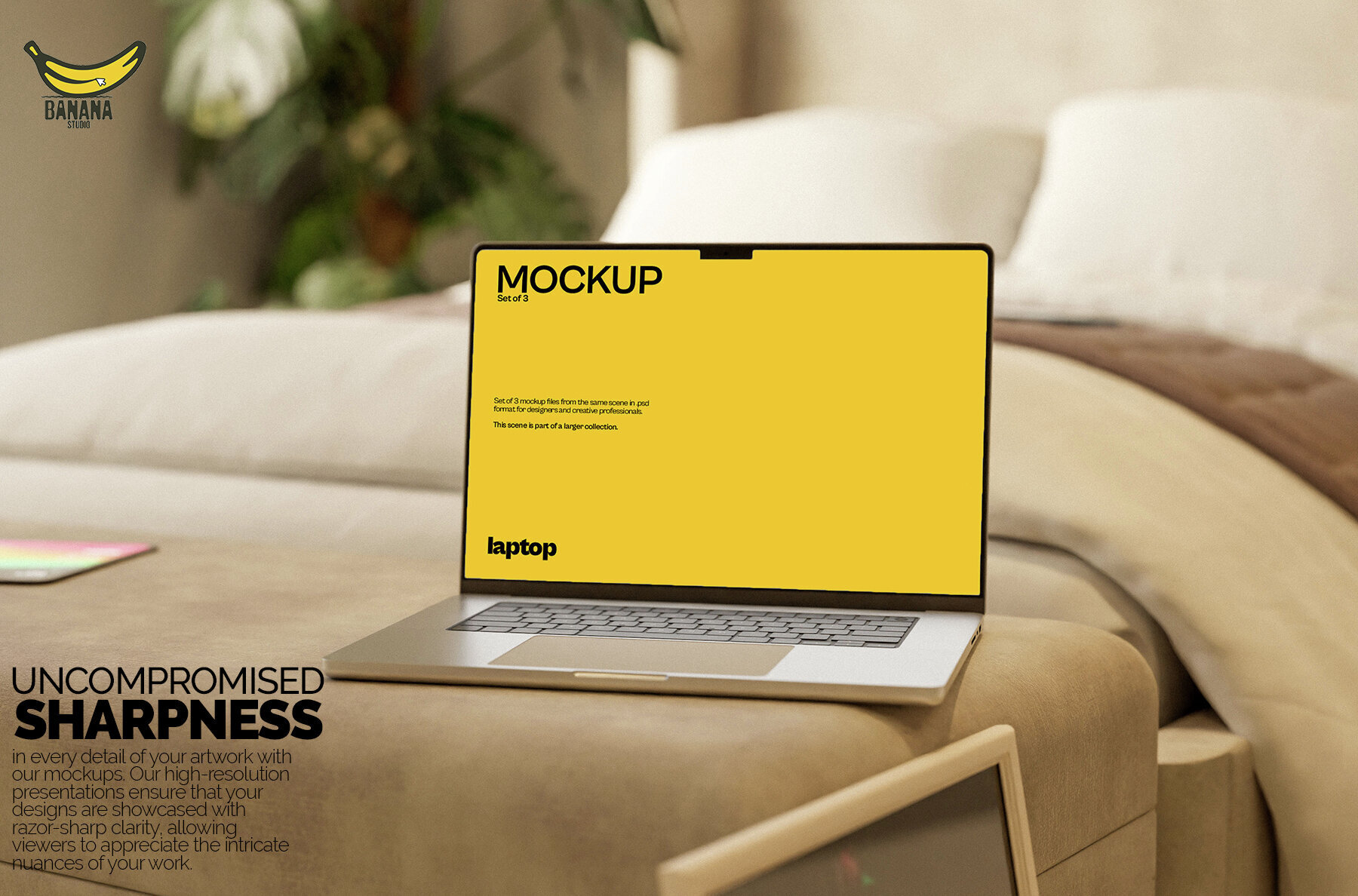 Laptop Macbook Pro Screen Mockup Bundle placed on a Bed 3