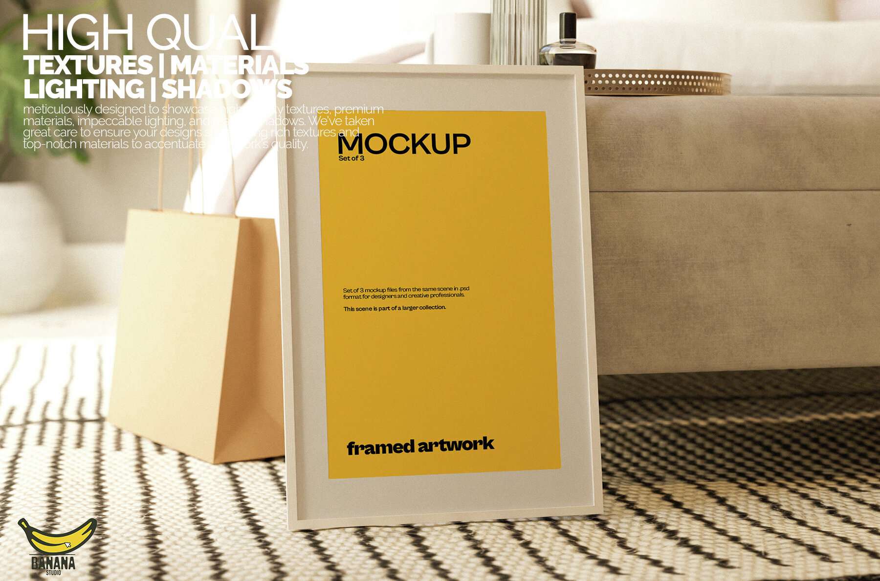 Framed Artwork Mockup Bundle Set on the Floor next to Bed 2