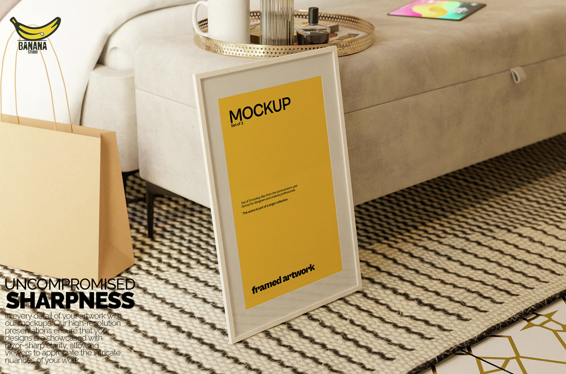 Framed Artwork Mockup Bundle Set on the Floor next to Bed 3