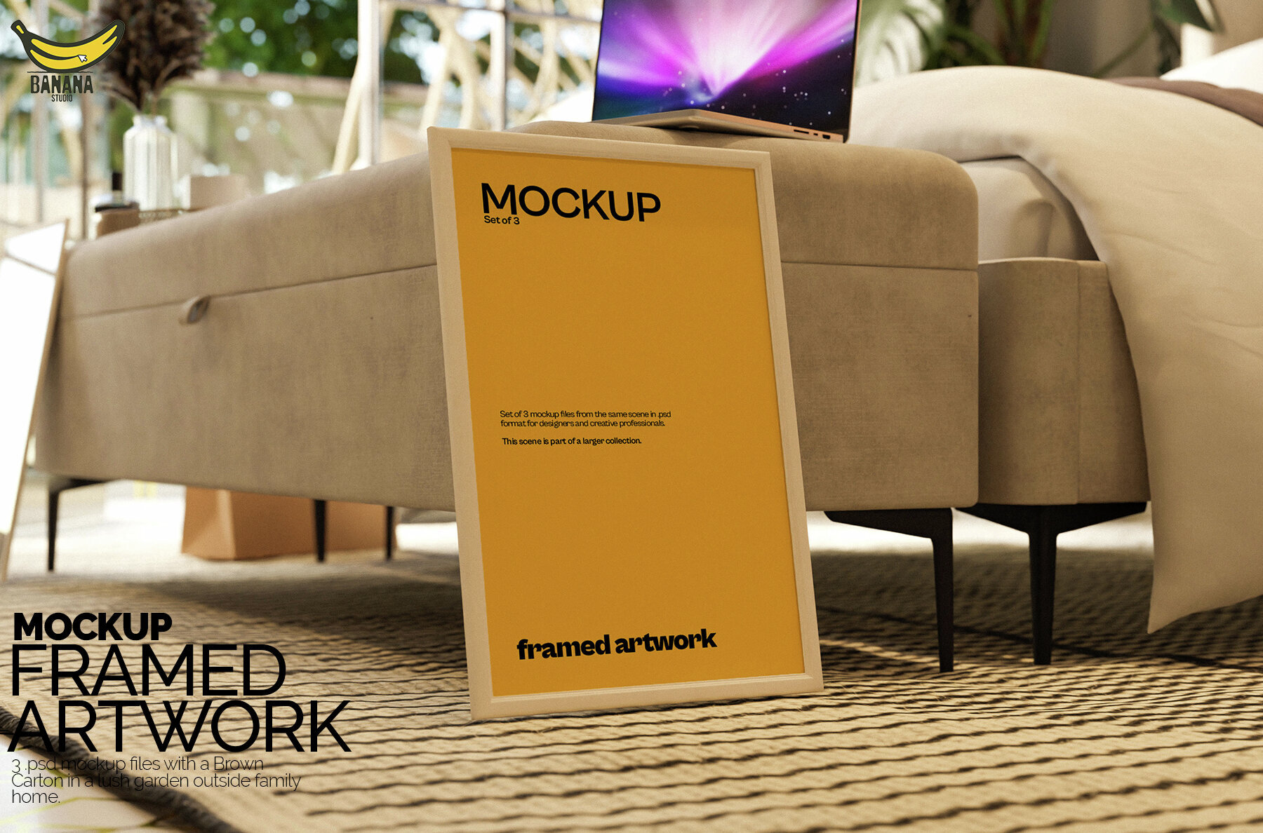 White Framed Artwork Mockup Bundle set on the Floor of a Bedroom 1