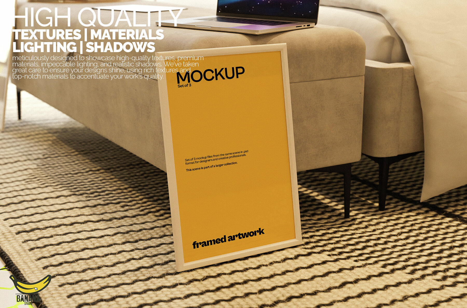 White Framed Artwork Mockup Bundle set on the Floor of a Bedroom 2