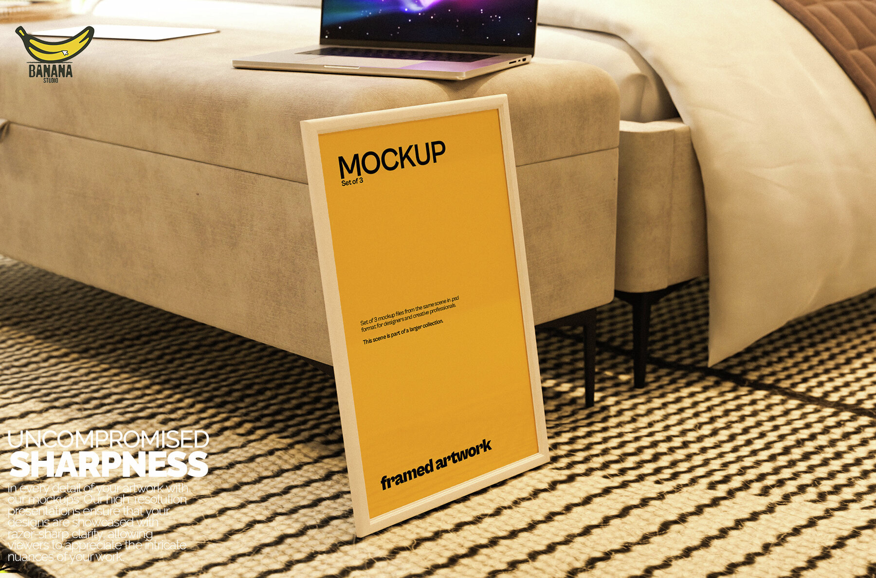 White Framed Artwork Mockup Bundle set on the Floor of a Bedroom 3