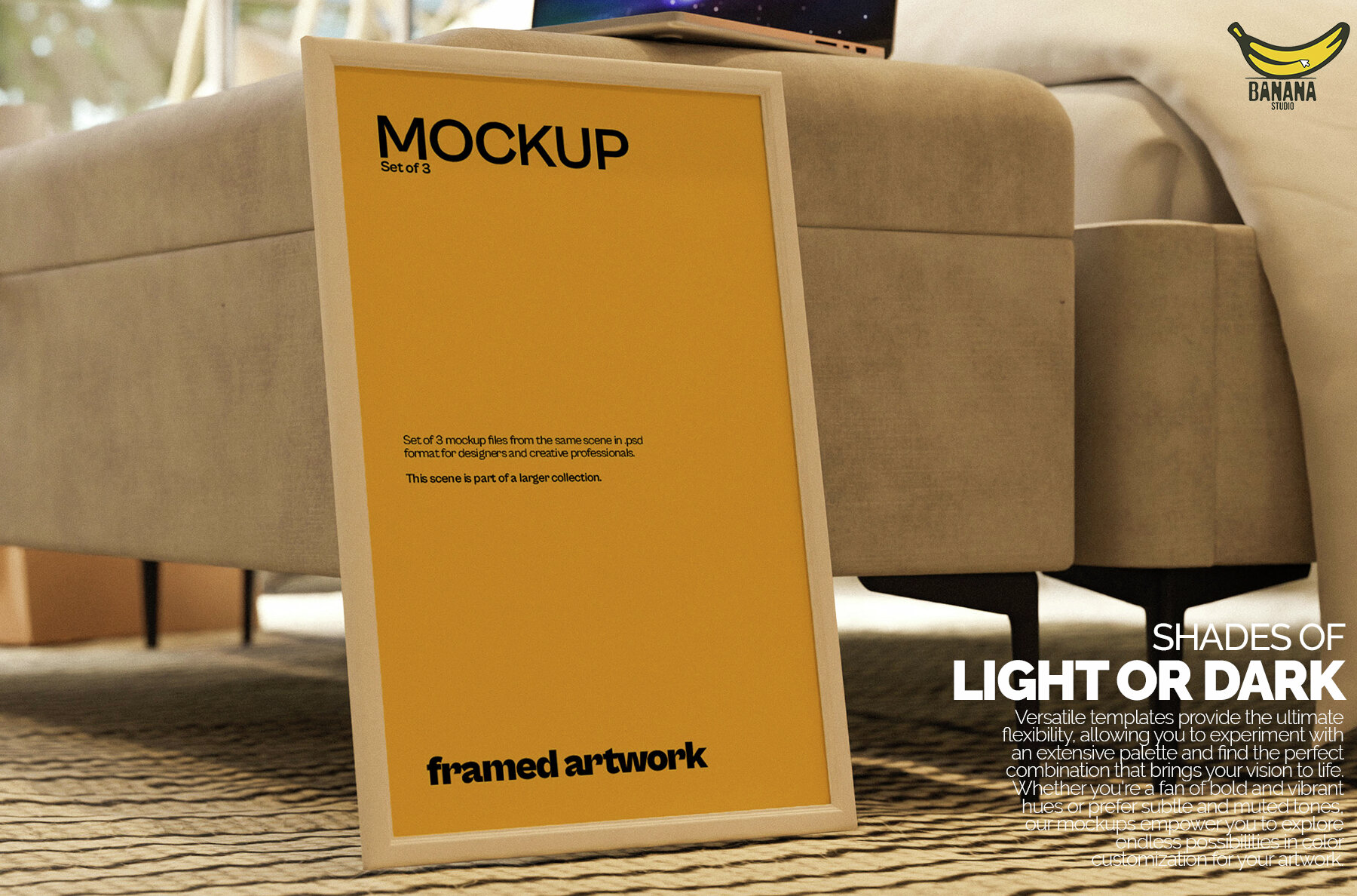 White Framed Artwork Mockup Bundle set on the Floor of a Bedroom 4