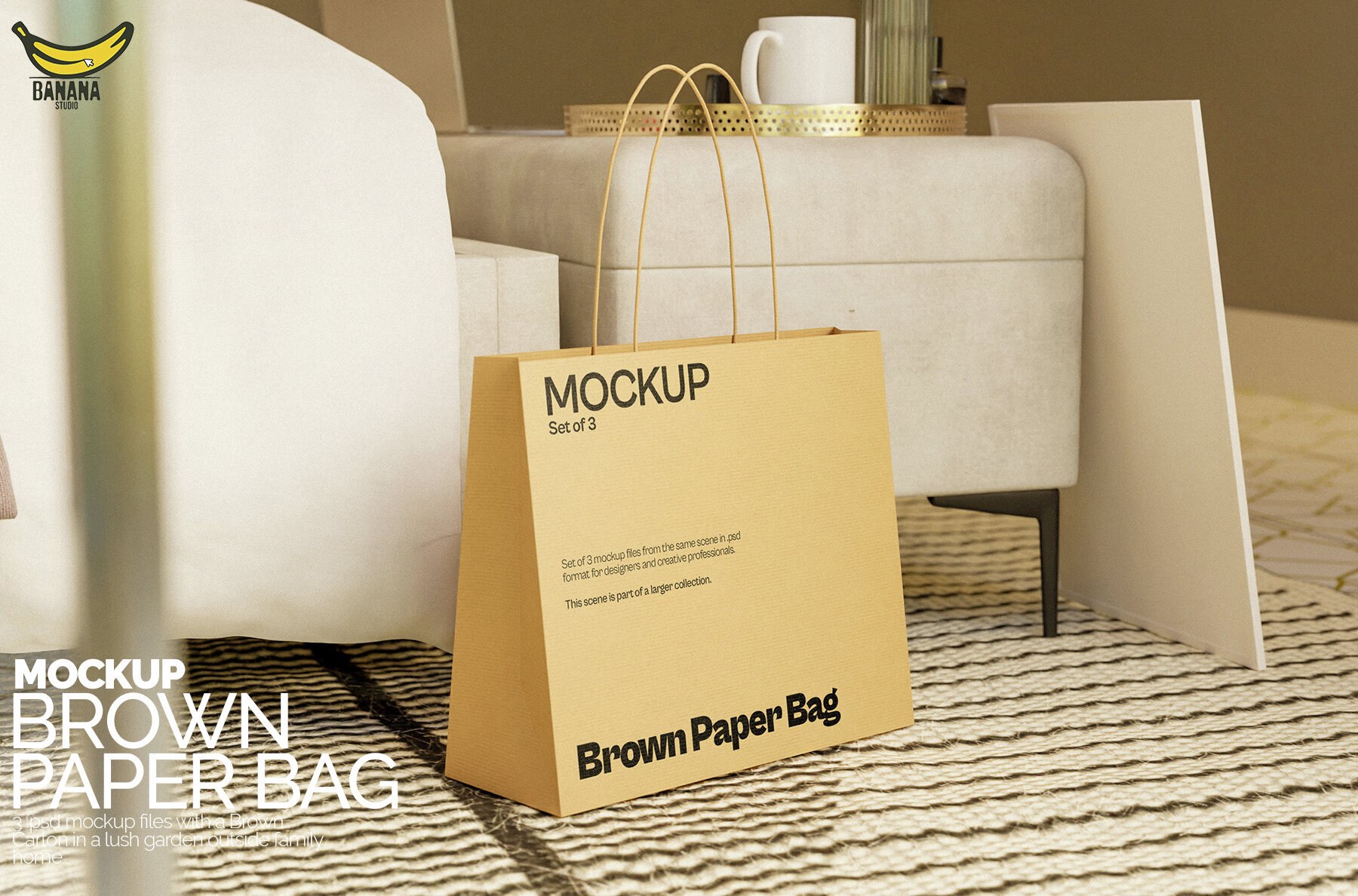Brown Paper Bag Mockup Bundle Set on the floor of a Bedroom 1