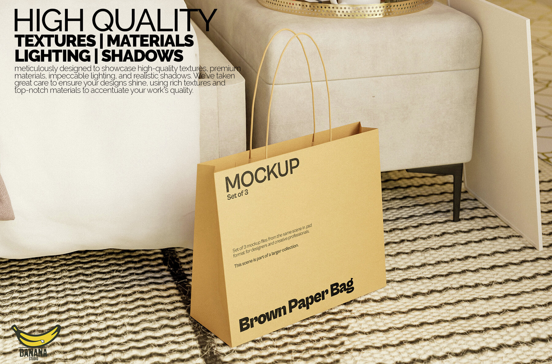 Brown Paper Bag Mockup Bundle Set on the floor of a Bedroom 2